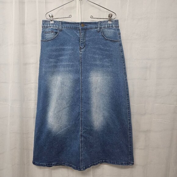 Blue Denim A-Line Midi Skirt Boho Faded Classic L - Picture 1 of 13